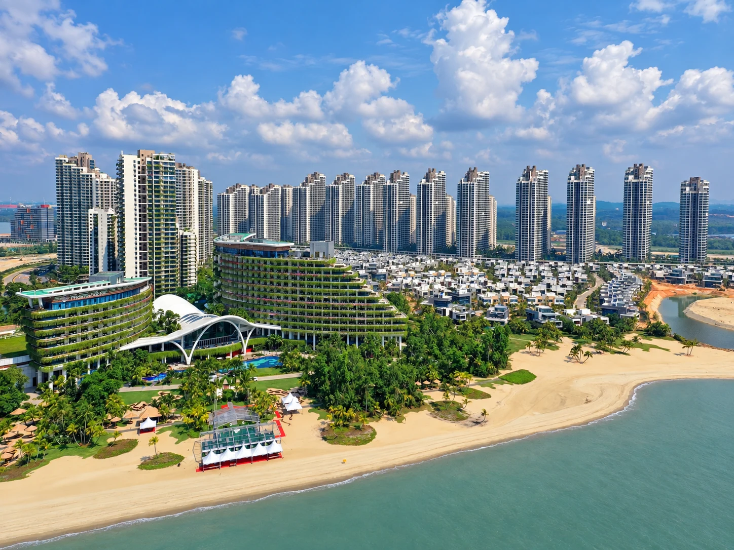 Waterfront buildings and green spaces in Forest City